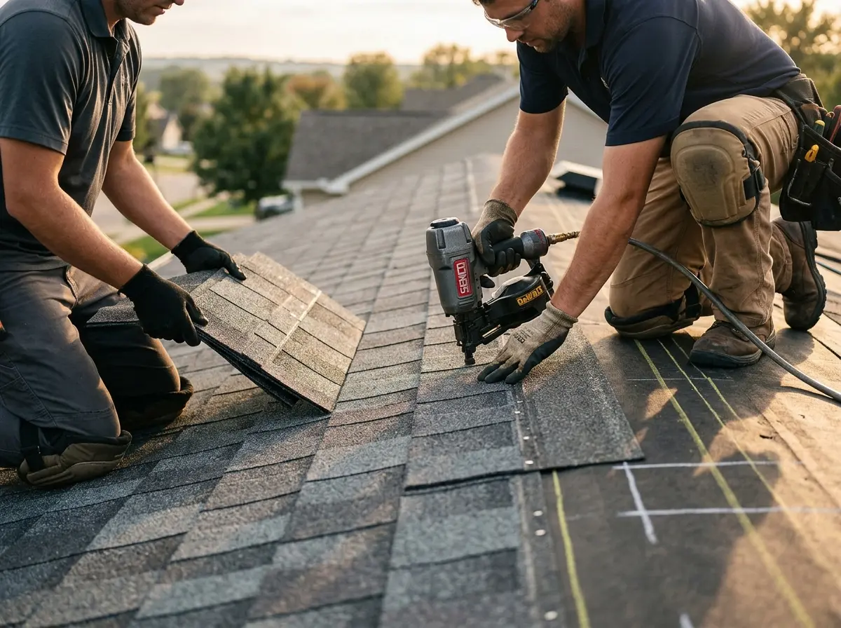 Professional roofer working on a residential roof in Forest City